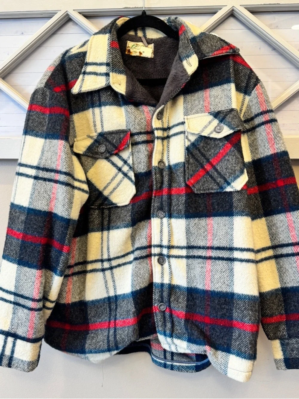 Vintage LL Bean Mens Jacket‎ Wool X-Large Cream Black Red Plaid Sherpa Lined USA